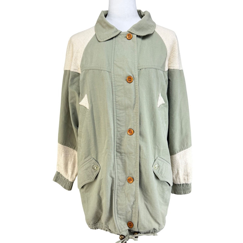 Otello Pelle Vintage Women Cotton Linen Jacket S Green Colorblock Utility Trim